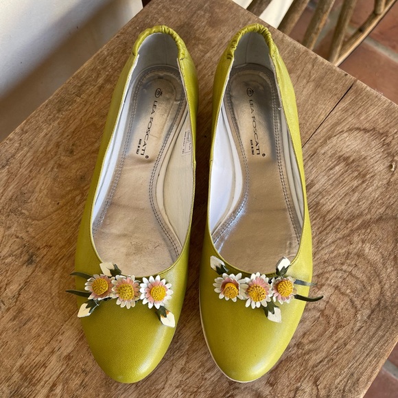 LEA FOSCATI Beautiful Soft Green Leather Ballet Flats Handmade Flowers 38 ITALY! - Picture 1 of 14